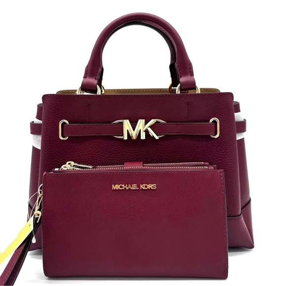 Michael Kors Reed Small Satchel Crossbody Bag & LG Double Zip Wallet Dark Cherry - Picture 1 of 16